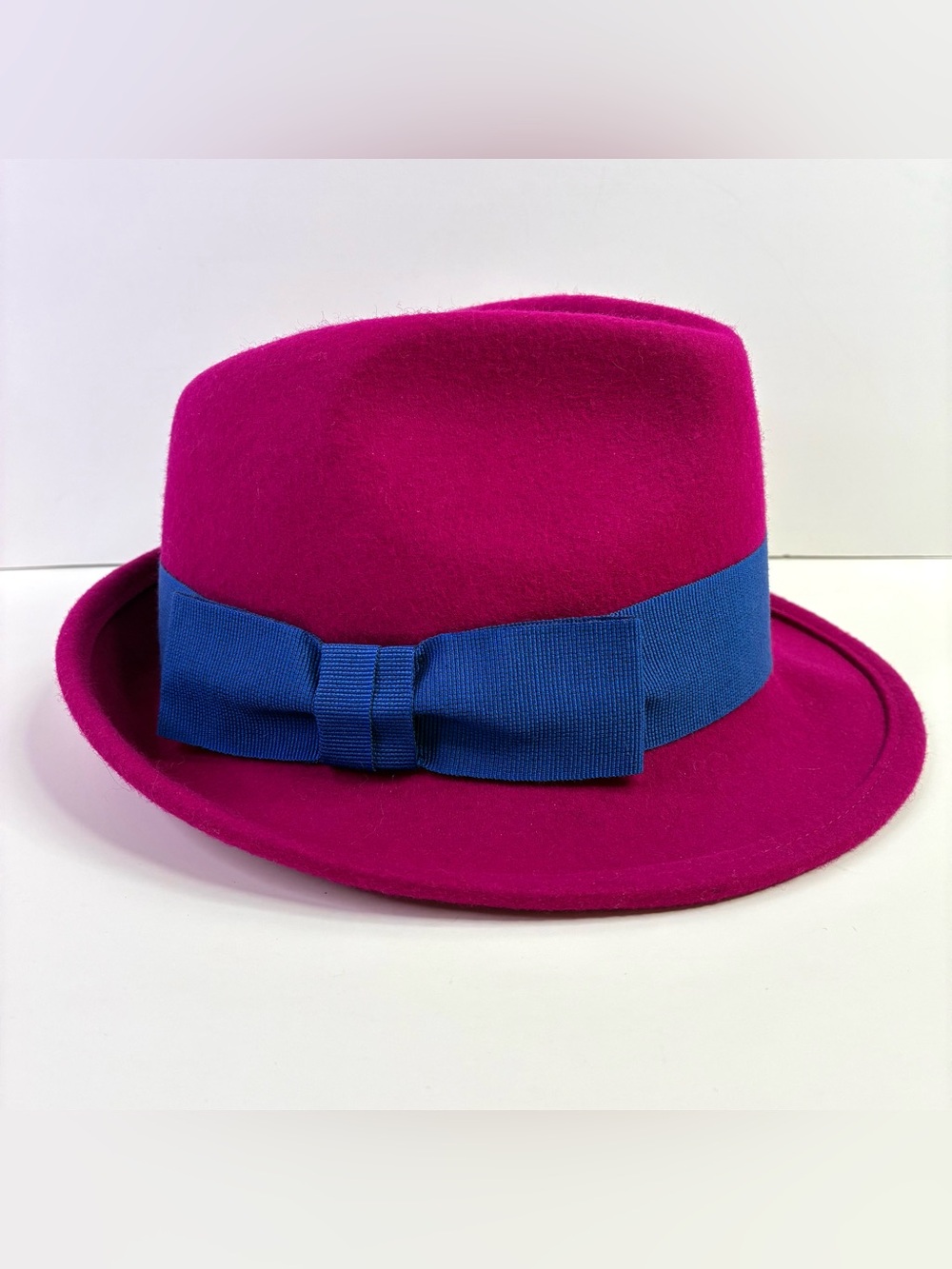 GALLO Italian Fedora 100% Lana Wool Magenta Hat Blue Band Sz S/M Made in Italy
